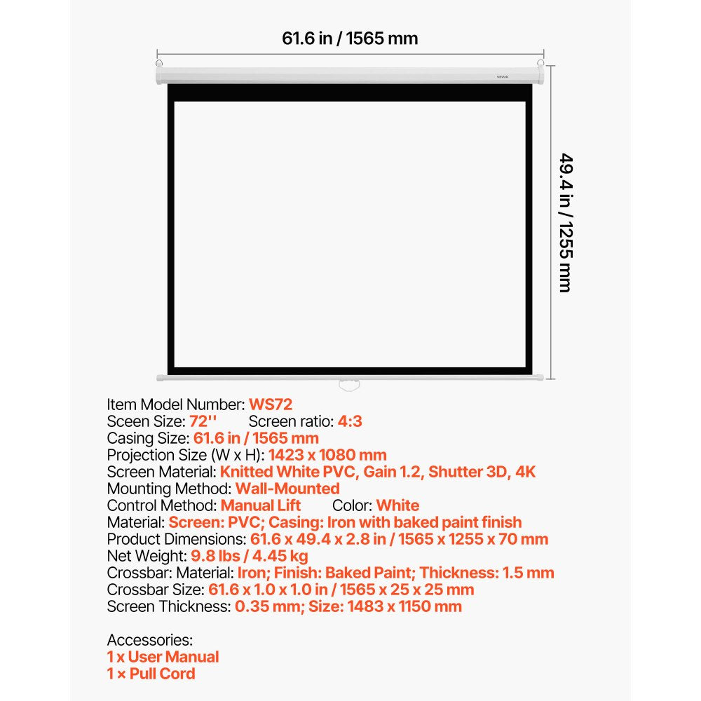 VEVOR Manual Projector Screen, 72 inch 4:3 4K 1080 HD Retractable Pull Down Projector Screen, Wall Mounted Movie Projection with Pull Rope, Portable Display Projectoin for Family Home Office Theater