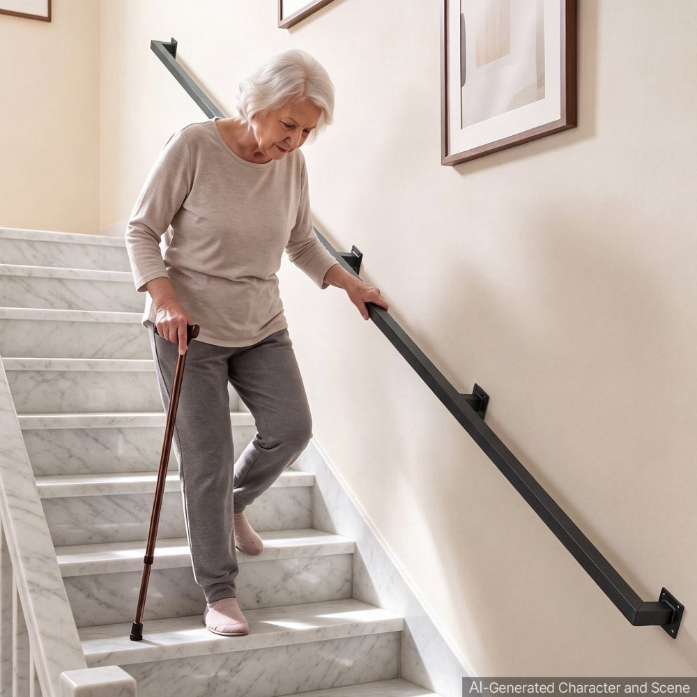 VEVOR Wall-Mounted Stair Handrail, 12 ft 440 lbs Load Black Metal Railing, for Indoor Steps, Loft, Porch & Hallways, Heavy-Duty Industrial Carbon Steel Hand Rail, Square Tube, with Mounting Hardware