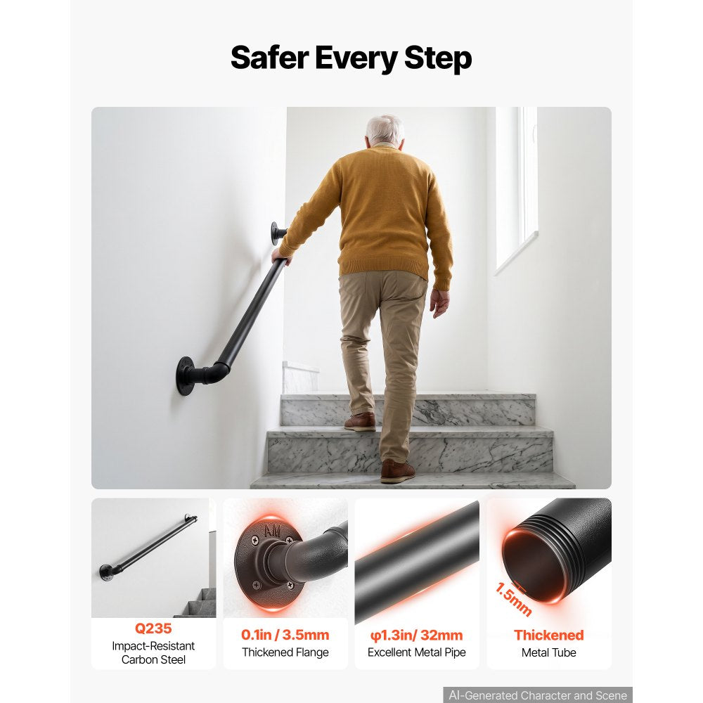 VEVOR Wall-Mounted Stair Handrail, 2 ft 440 lbs Load Black Metal Railing, for Indoor Steps, Loft, Porch & Hallways, Heavy-Duty Industrial Carbon Steel Hand Rail, Round Tube, with Mounting Hardware
