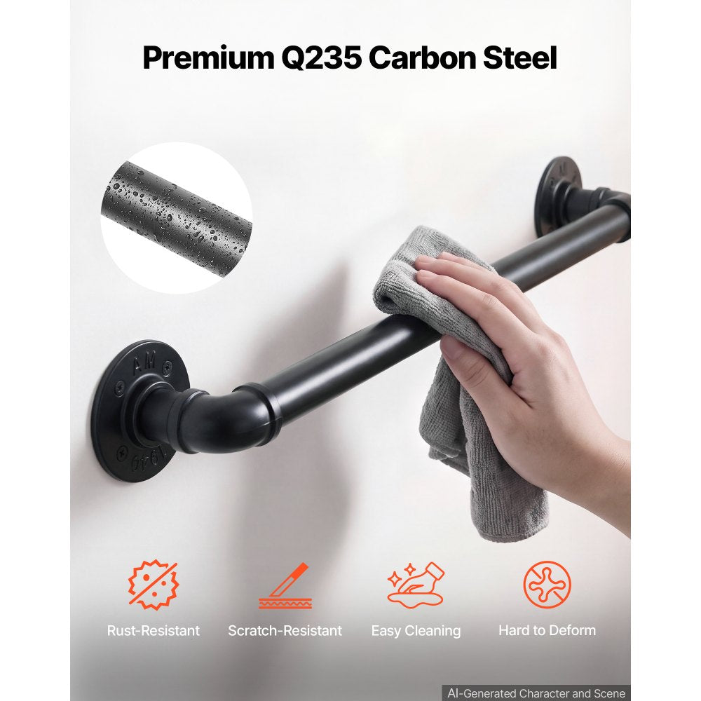 VEVOR Wall-Mounted Stair Handrail, 2 ft 440 lbs Load Black Metal Railing, for Indoor Steps, Loft, Porch & Hallways, Heavy-Duty Industrial Carbon Steel Hand Rail, Round Tube, with Mounting Hardware