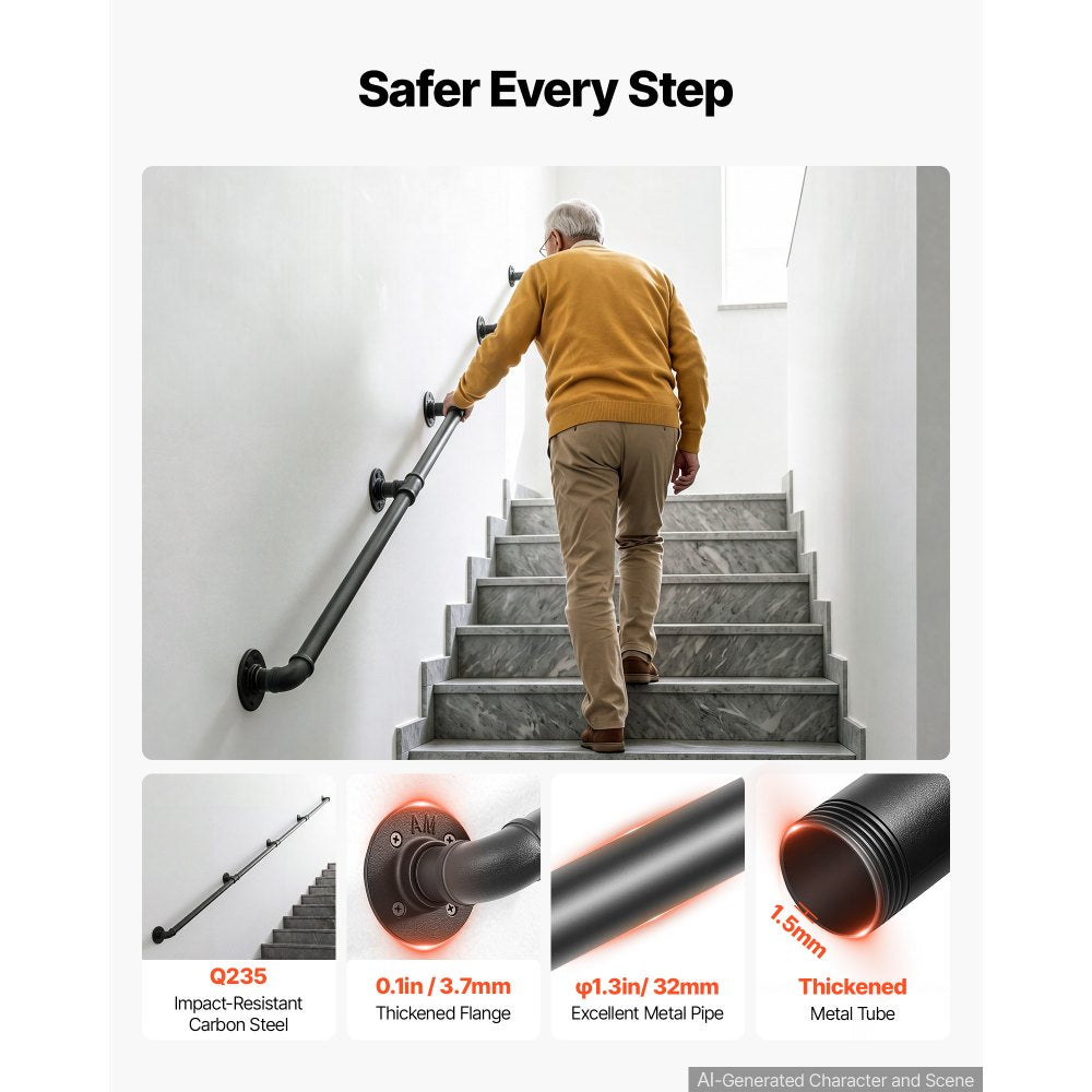 VEVOR Wall-Mounted Stair Handrail, 13 ft 440 lbs Load Black Metal Railing, for Indoor Steps, Loft, Porch & Hallways, Heavy-Duty Industrial Carbon Steel Hand Rail, Round Tube, with Mounting Hardware