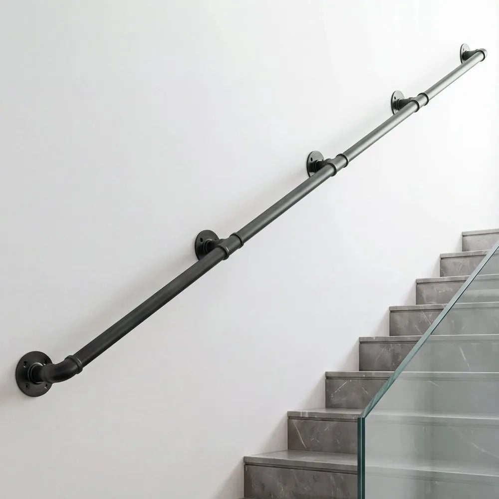 VEVOR Wall-Mounted Stair Handrail, 13 ft 440 lbs Load Black Metal Railing, for Indoor Steps, Loft, Porch & Hallways, Heavy-Duty Industrial Carbon Steel Hand Rail, Round Tube, with Mounting Hardware