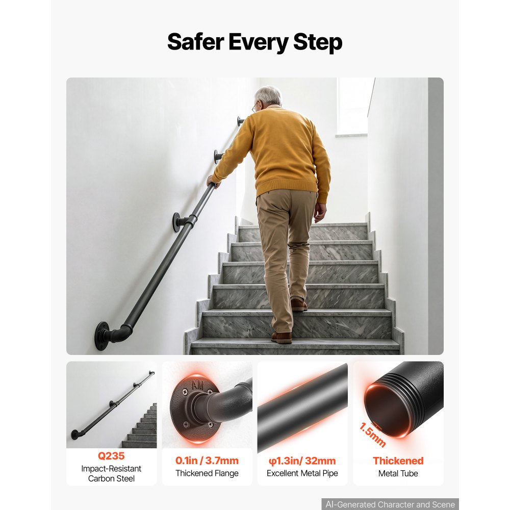 VEVOR Wall-Mounted Stair Handrail, 10 ft 440 lbs Load Black Metal Railing, for Indoor Steps, Loft, Porch & Hallways, Heavy-Duty Industrial Carbon Steel Hand Rail, Round Tube, with Mounting Hardware