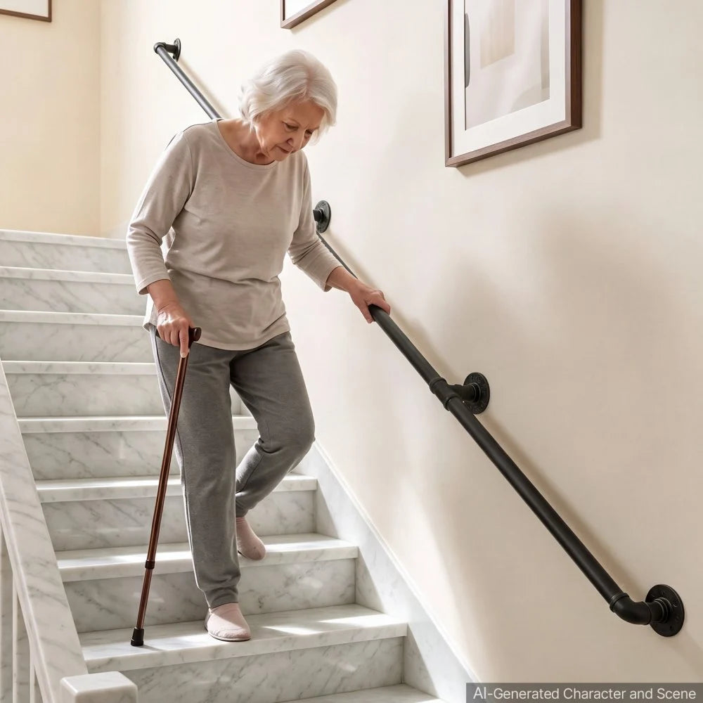 VEVOR Wall-Mounted Stair Handrail, 10 ft 440 lbs Load Black Metal Railing, for Indoor Steps, Loft, Porch & Hallways, Heavy-Duty Industrial Carbon Steel Hand Rail, Round Tube, with Mounting Hardware
