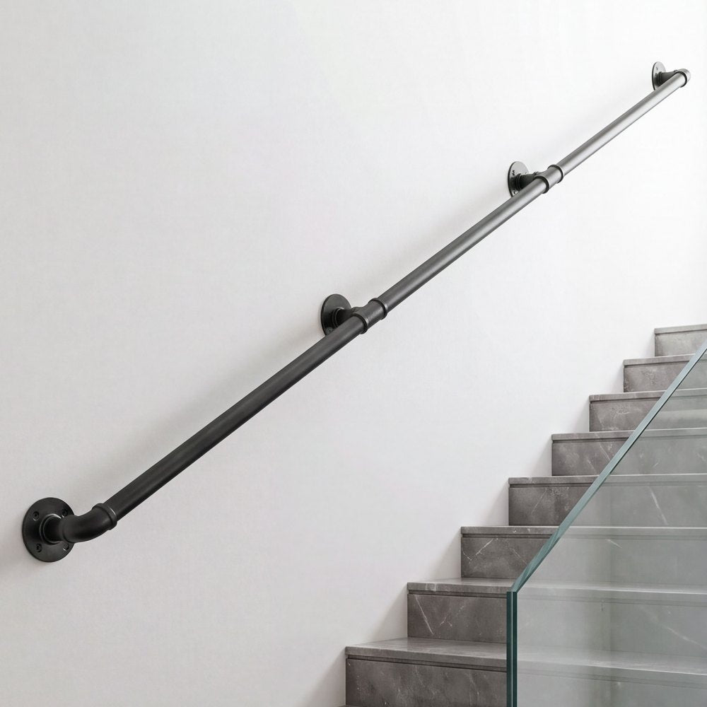 VEVOR Wall-Mounted Stair Handrail, 10 ft 440 lbs Load Black Metal Railing, for Indoor Steps, Loft, Porch & Hallways, Heavy-Duty Industrial Carbon Steel Hand Rail, Round Tube, with Mounting Hardware