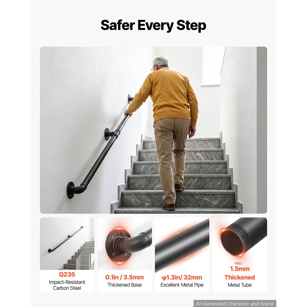 VEVOR Wall-Mounted Stair Handrail, 4 ft 440 lbs Load Black Metal Railing, for Indoor Steps, Loft, Porch & Hallways, Heavy-Duty Industrial Carbon Steel Hand Rail, Round Tube, with Mounting Hardware