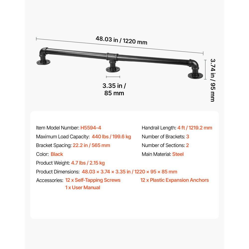 VEVOR Wall-Mounted Stair Handrail, 4 ft 440 lbs Load Black Metal Railing, for Indoor Steps, Loft, Porch & Hallways, Heavy-Duty Industrial Carbon Steel Hand Rail, Round Tube, with Mounting Hardware