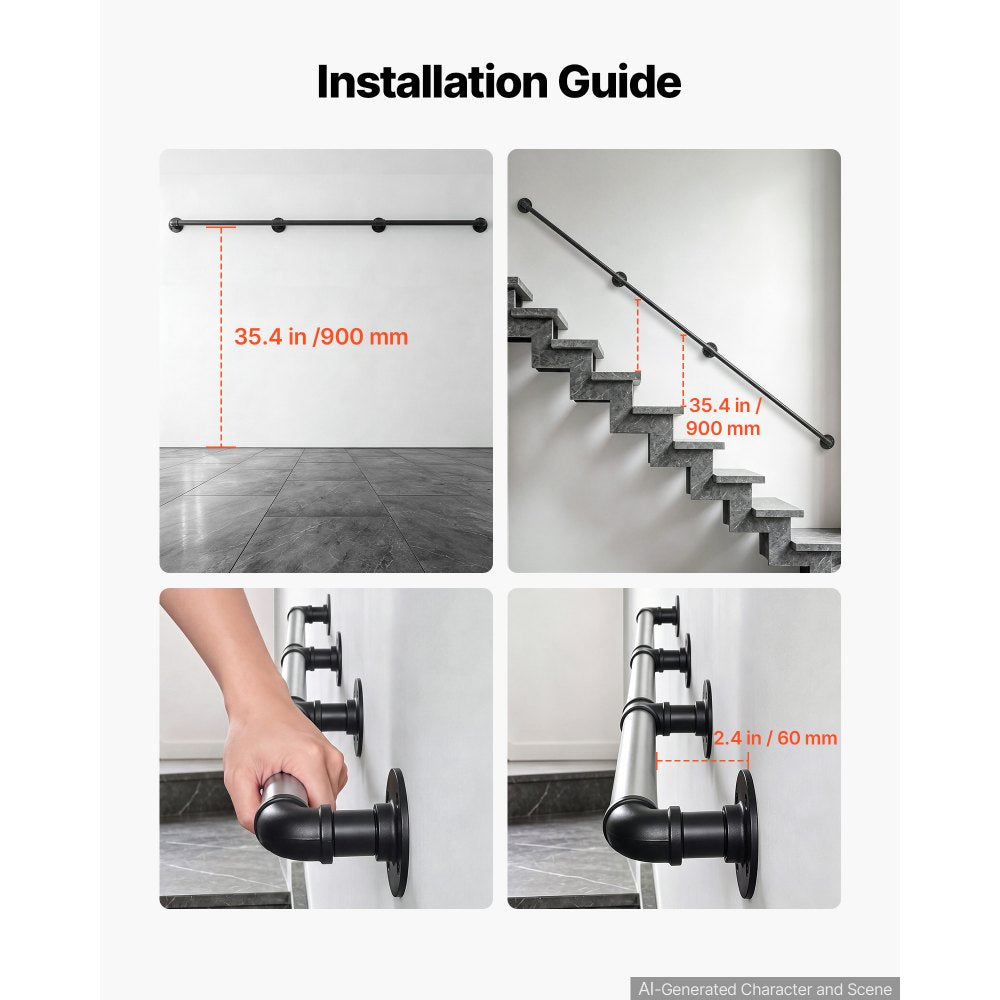 VEVOR Wall-Mounted Stair Handrail, 8 ft 440 lbs Load Black Metal Railing, for Indoor Steps, Loft, Porch & Hallways, Heavy-Duty Industrial Carbon Steel Hand Rail, Round Tube, with Mounting Hardware