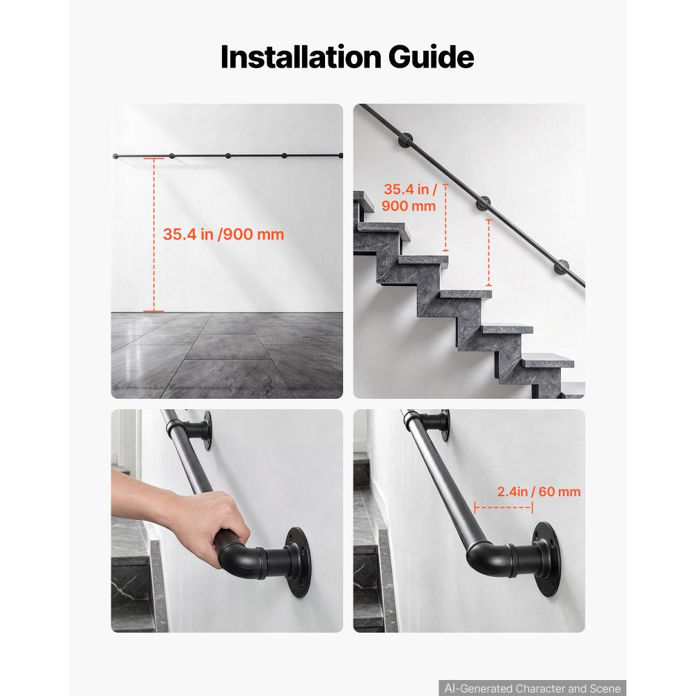 VEVOR Wall-Mounted Stair Handrail, 12 ft 440 lbs Load Black Metal Railing, for Indoor Steps, Loft, Porch & Hallways, Heavy-Duty Industrial Carbon Steel Hand Rail, Round Tube, with Mounting Hardware
