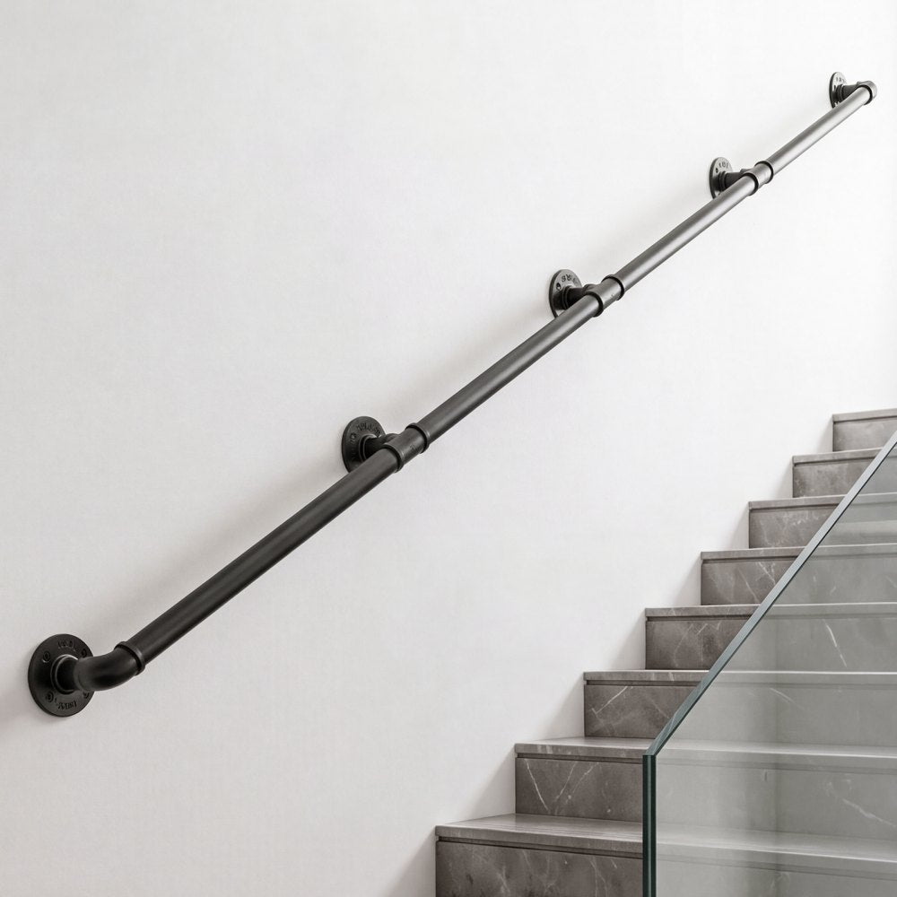 Vevor Handrail 12' Wall-Mounted Stair Railing Black Metal for Indoor Steps Loft Porch Hallways New