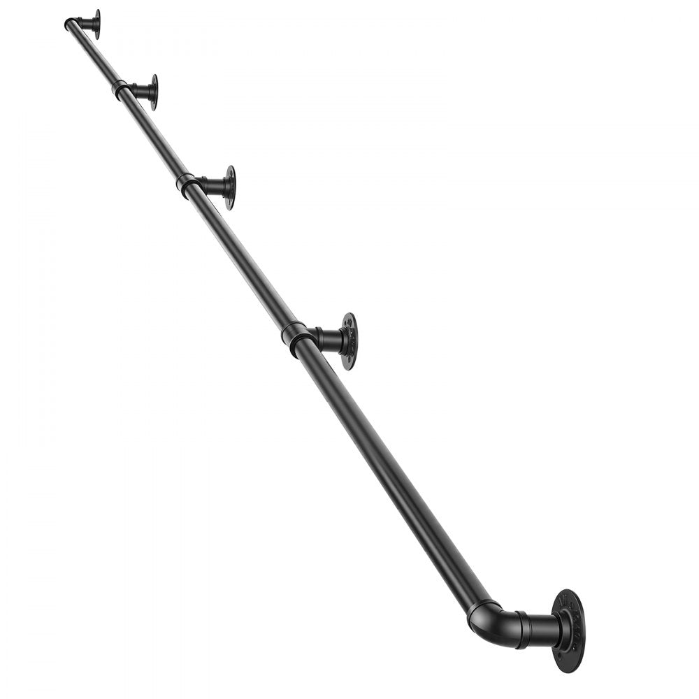 VEVOR Wall-Mounted Stair Handrail, 12 ft 440 lbs Load Black Metal Railing, for Indoor Steps, Loft, Porch & Hallways, Heavy-Duty Industrial Carbon Steel Hand Rail, Round Tube, with Mounting Hardware