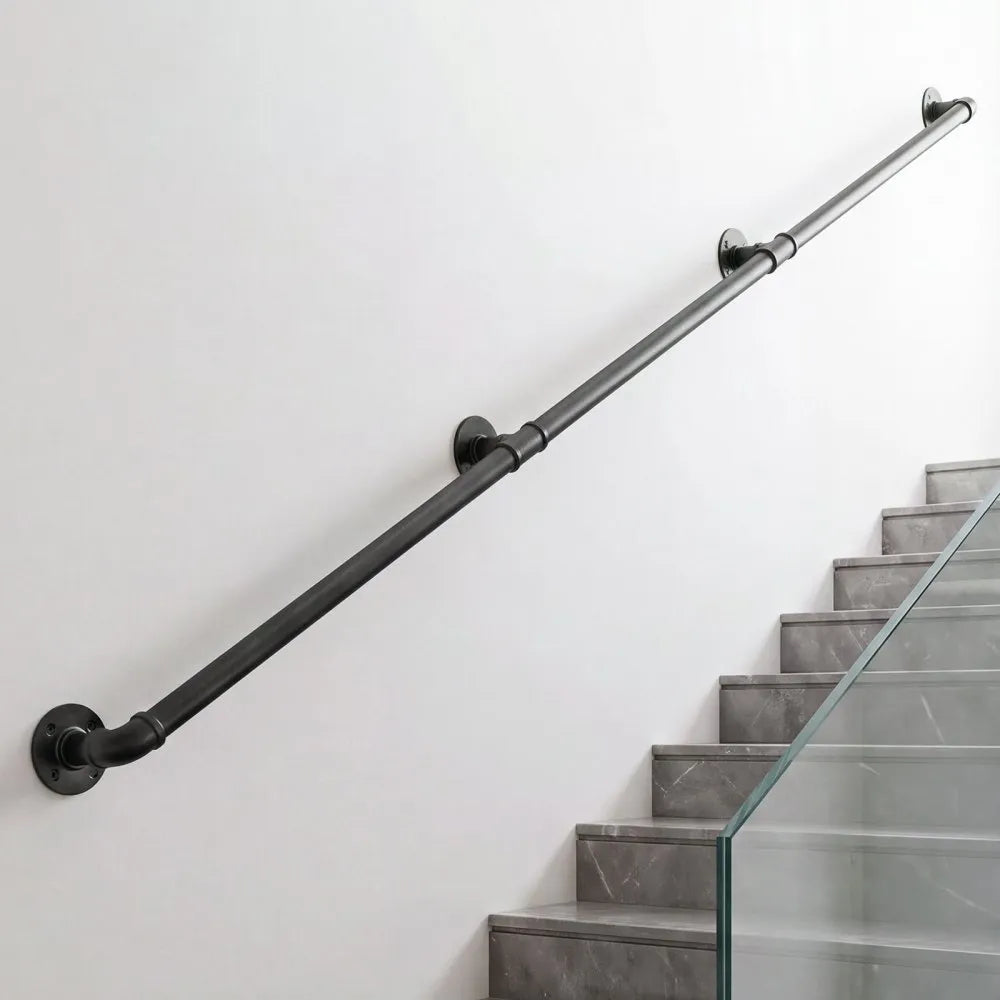 VEVOR Wall-Mounted Stair Handrail, 9 ft 440 lbs Load Black Metal Railing, for Indoor Steps, Loft, Porch & Hallways, Heavy-Duty Industrial Carbon Steel Hand Rail, Round Tube, with Mounting Hardware