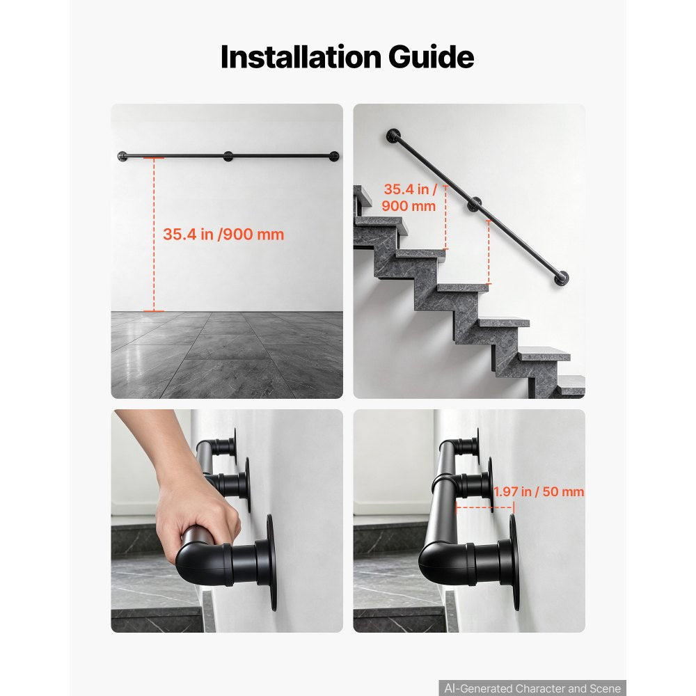 VEVOR Wall-Mounted Stair Handrail, 7 ft 440 lbs Load Black Metal Railing, for Indoor Steps, Loft, Porch & Hallways, Heavy-Duty Industrial Carbon Steel Hand Rail, Round Tube, with Mounting Hardware
