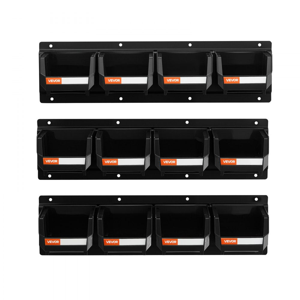 VEVOR Wall Mounted Storage Bins, 12 Plastic Bins & 3 Metal Rails, Plastic Hanging Stackable Storage Bin for Screws, Nuts, Bolts, Nails, Hardware Tool Organizer for Workshop, Craft Room, Garage, Black