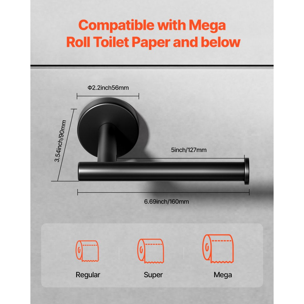 VEVOR Toilet Paper Holder, Fits Mega Rolls Size, Premium Stainless Steel Rustproof Material, Wall Mounted with Screws, Toilet Roll Tissue Holder for Bathroom, Washroom, Kitchen, Matte Black