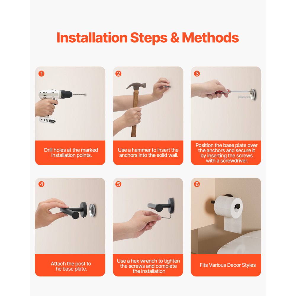 VEVOR Toilet Paper Holder, Fits Mega Rolls Size, Premium Stainless Steel Rustproof Material, Wall Mounted with Screws, Toilet Roll Tissue Holder for Bathroom, Washroom, Kitchen, Matte Black