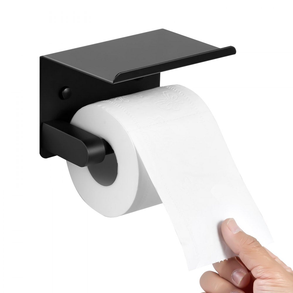 VEVOR Toilet Paper Holder with Shelf, Fits Mega Rolls Size, Stainless Steel Rustproof Material, Wall Mounted with Screws and Double-Sided Tape, Toilet Roll Tissue Holder for Bathroom, Matte Black