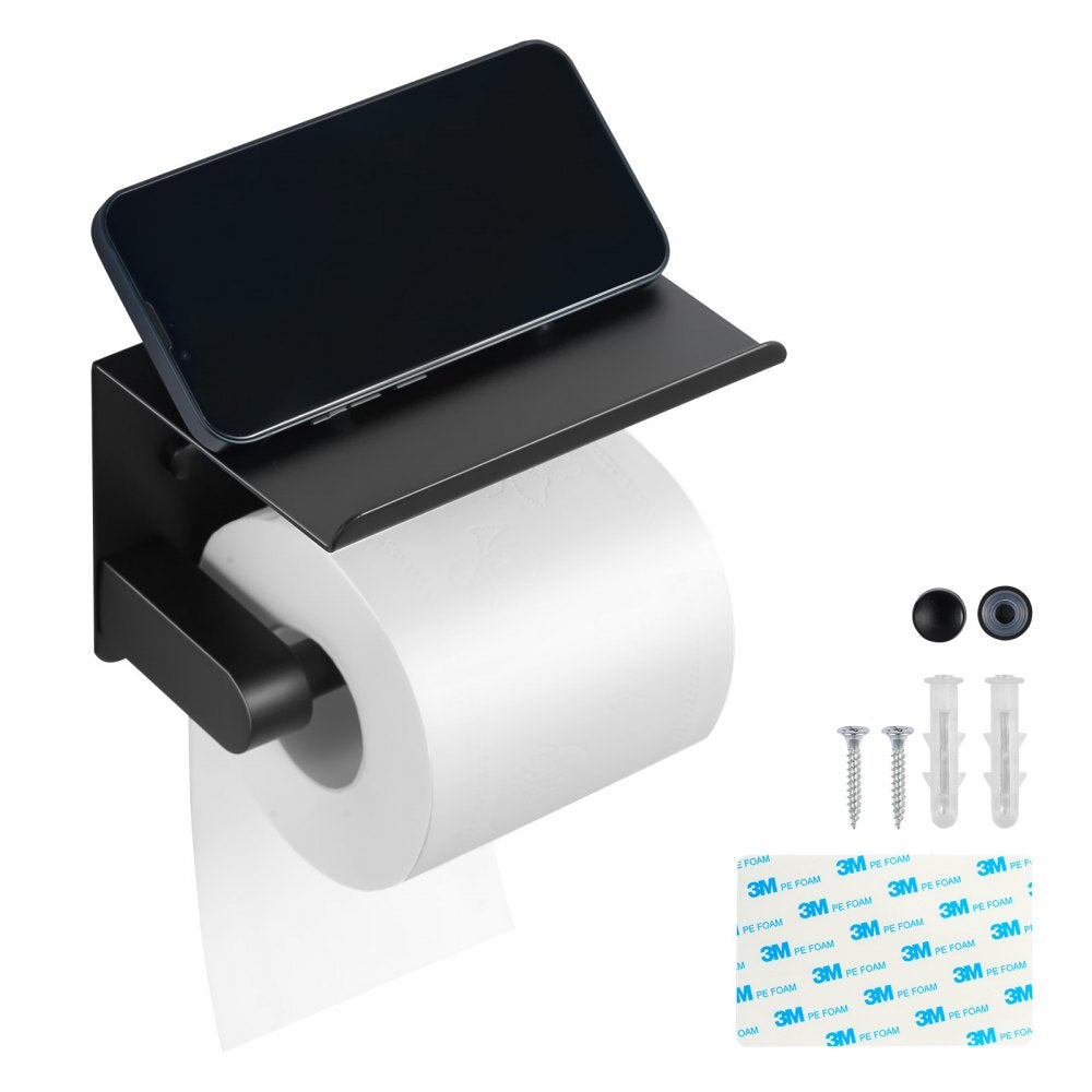 VEVOR Toilet Paper Holder with Shelf, Fits Mega Rolls Size, Stainless Steel Rustproof Material, Wall Mounted with Screws and Double-Sided Tape, Toilet Roll Tissue Holder for Bathroom, Matte Black