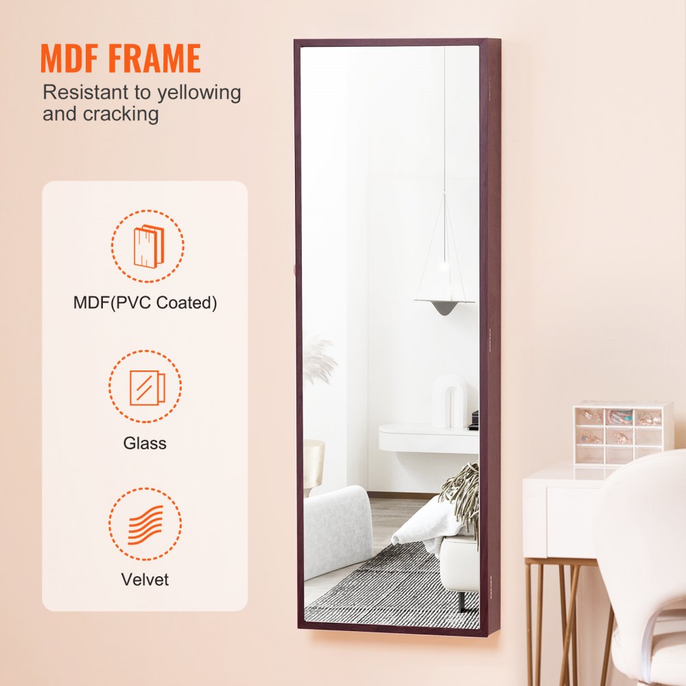 VEVOR Mirror Jewelry Cabinet, 42.52-Inch Tall Lockable Jewelry Cabinet Armoire with Full-Length Mirror, Wall or Door Mounted Jewelry Mirror Organizer with LED Interior Lights and Velvet Lining, Brown