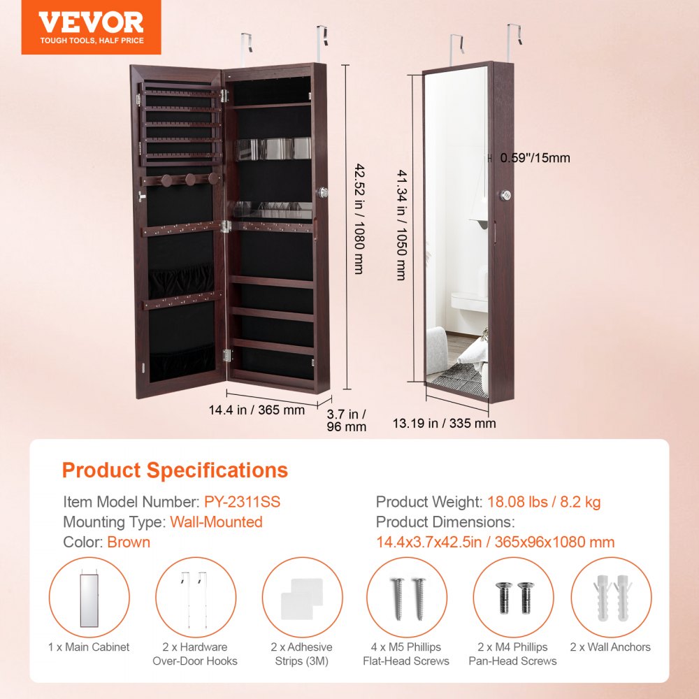 VEVOR Mirror Jewelry Cabinet, 42.52-Inch Tall Lockable Jewelry Cabinet Armoire with Full-Length Mirror, Wall or Door Mounted Jewelry Mirror Organizer with LED Interior Lights and Velvet Lining, Brown