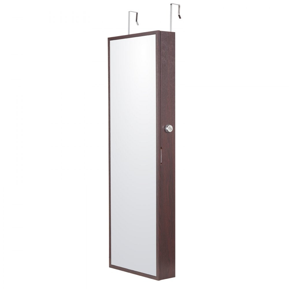 VEVOR Mirror Jewelry Cabinet, 42.52-Inch Tall Lockable Jewelry Cabinet Armoire with Full-Length Mirror, Wall or Door Mounted Jewelry Mirror Organizer with LED Interior Lights and Velvet Lining, Brown