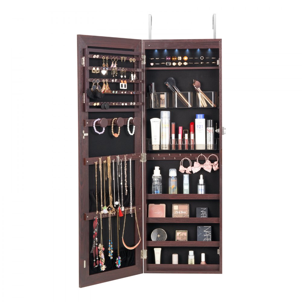 VEVOR Mirror Jewelry Cabinet, 42.52-Inch Tall Lockable Jewelry Cabinet Armoire with Full-Length Mirror, Wall or Door Mounted Jewelry Mirror Organizer with LED Interior Lights and Velvet Lining, Brown