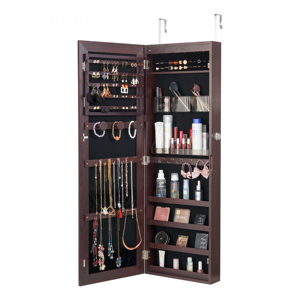VEVOR Mirror Jewelry Cabinet, 42.52-Inch Tall Lockable Jewelry Cabinet Armoire with Full-Length Mirror, Wall or Door Mounted Jewelry Mirror Organizer with LED Interior Lights and Velvet Lining, Brown