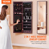VEVOR Mirror Jewelry Cabinet, 47.05-Inch Tall Lockable Jewelry Cabinet Armoire with Full-Length Mirror, Wall or Door Mounted Jewelry Mirror Organizer with LED Interior Lights and Velvet Lining, Brown