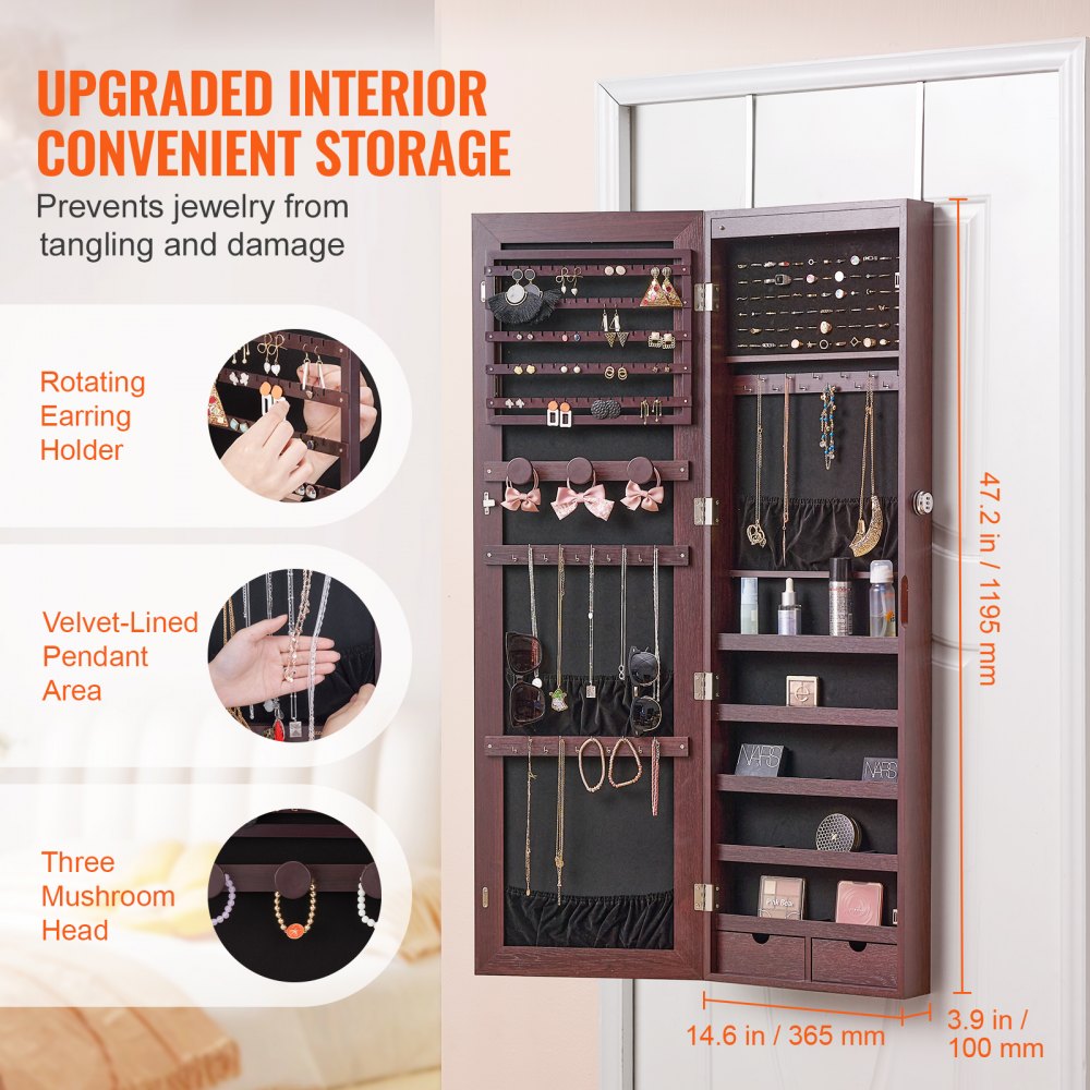 VEVOR Mirror Jewelry Cabinet, 47.05-Inch Tall Lockable Jewelry Cabinet Armoire with Full-Length Mirror, Wall or Door Mounted Jewelry Mirror Organizer with LED Interior Lights and Velvet Lining, Brown