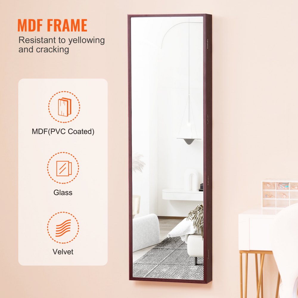 VEVOR Mirror Jewelry Cabinet, 47.05-Inch Tall Lockable Jewelry Cabinet Armoire with Full-Length Mirror, Wall or Door Mounted Jewelry Mirror Organizer with LED Interior Lights and Velvet Lining, Brown