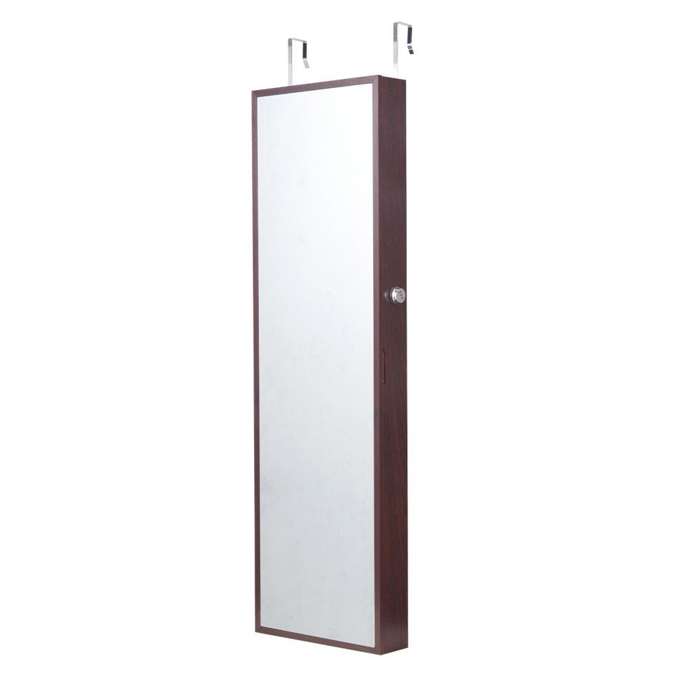 VEVOR Mirror Jewelry Cabinet, 47.05-Inch Tall Lockable Jewelry Cabinet Armoire with Full-Length Mirror, Wall or Door Mounted Jewelry Mirror Organizer with LED Interior Lights and Velvet Lining, Brown