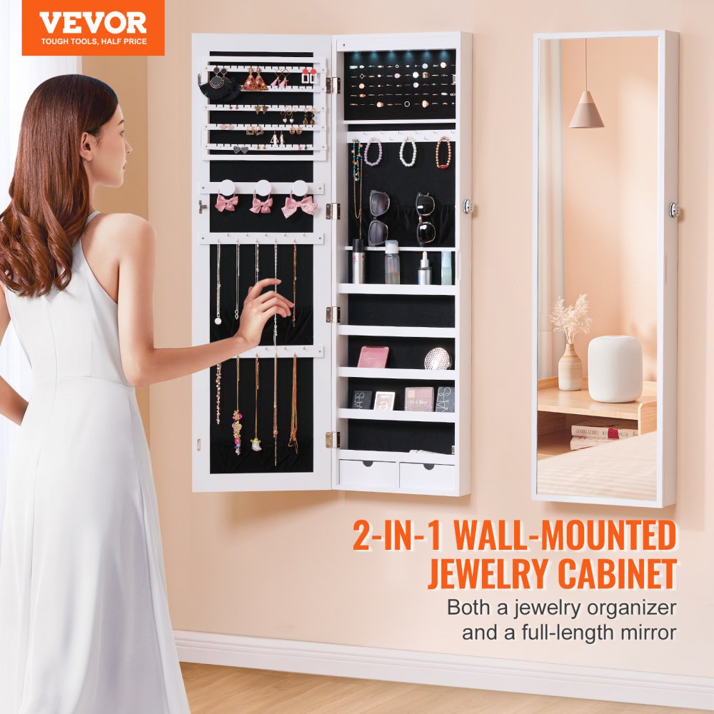 VEVOR Mirror Jewelry Cabinet, 47.05-Inch Tall Lockable Jewelry Cabinet Armoire with Full-Length Mirror, Wall or Door Mounted Jewelry Mirror Organizer with LED Interior Lights and Velvet Lining, White