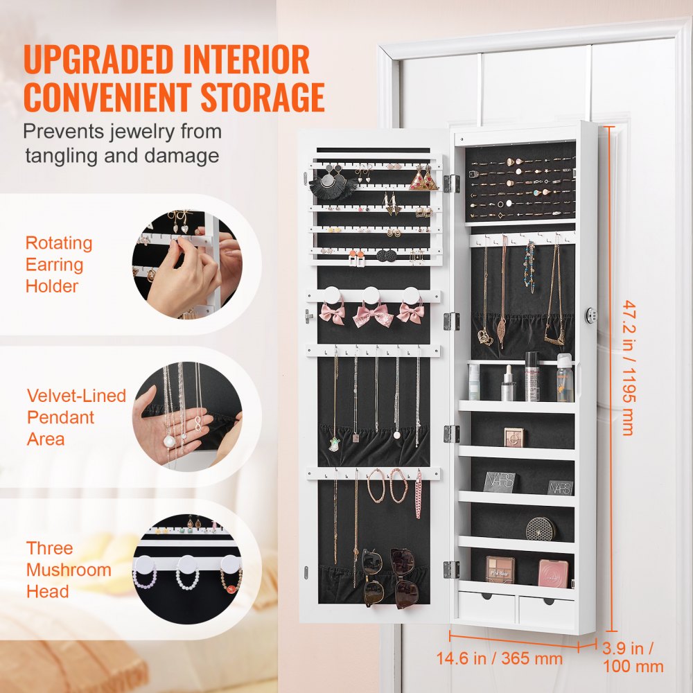 VEVOR Mirror Jewelry Cabinet, 47.05-Inch Tall Lockable Jewelry Cabinet Armoire with Full-Length Mirror, Wall or Door Mounted Jewelry Mirror Organizer with LED Interior Lights and Velvet Lining, White