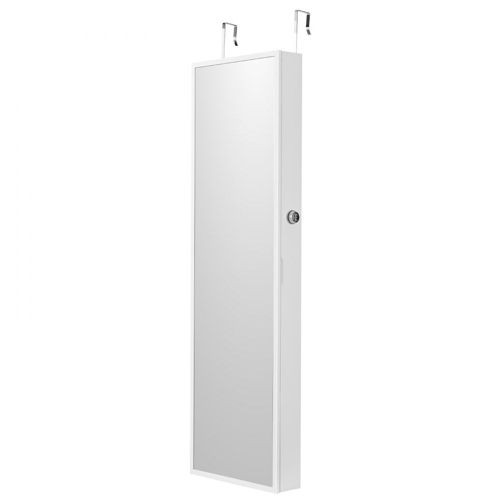 VEVOR Mirror Jewelry Cabinet, 47.05-Inch Tall Lockable Jewelry Cabinet Armoire with Full-Length Mirror, Wall or Door Mounted Jewelry Mirror Organizer with LED Interior Lights and Velvet Lining, White