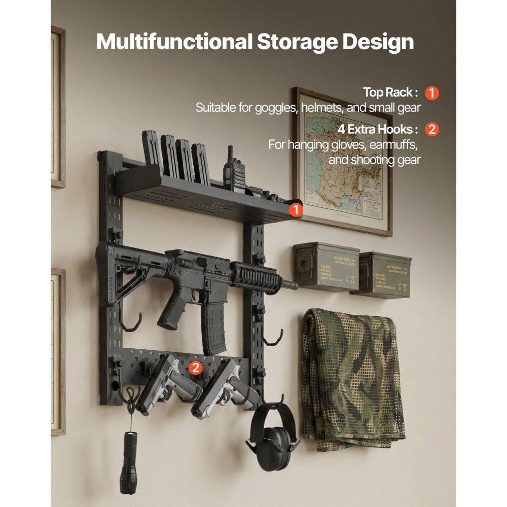 VEVOR Gun Rack Wall Mount, Heavy Duty Steel, Indoor Rifle Shotgun Rack with J-Hooks, Additional Tray Storage, Gun Accessories Display Storage Holder, Hold Up to 3 Rifles or Shotguns, for Tactical Gear
