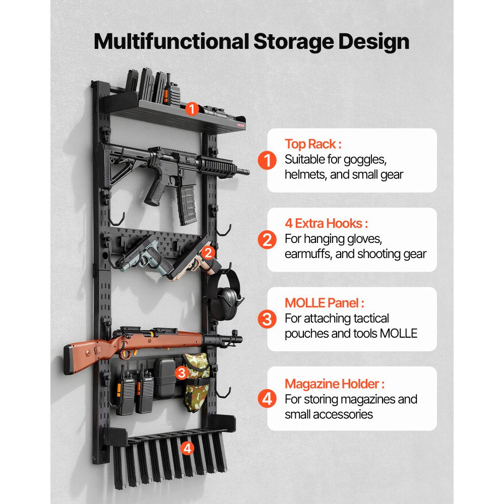 VEVOR Gun Rack Wall Mount, Heavy Duty Steel, Indoor Rifle Shotgun Rack with Magazine Holder, MOLLE Panel, Gun Accessories Display Storage Holder, Hold Up to 5 Rifles or Shotguns, for Tactical Gear