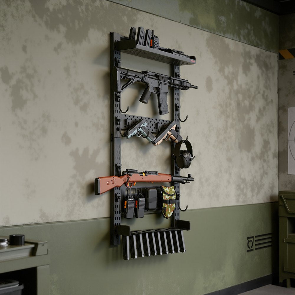 VEVOR Gun Rack Wall Mount, Heavy Duty Steel, Indoor Rifle Shotgun Rack with Magazine Holder, MOLLE Panel, Gun Accessories Display Storage Holder, Hold Up to 5 Rifles or Shotguns, for Tactical Gear