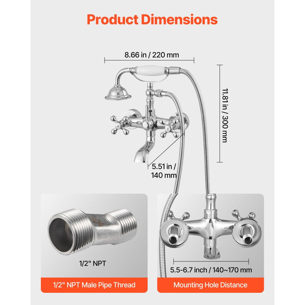 VEVOR Clawfoot Tub Faucet, Wall Mount Bathtub Faucets with Handheld Shower, Vintage Polished Chrome Clawfoot Tub Filler Faucet Shower Kit with Adjustable Swing Arms & 360° Rotation Spout for Bathtubs