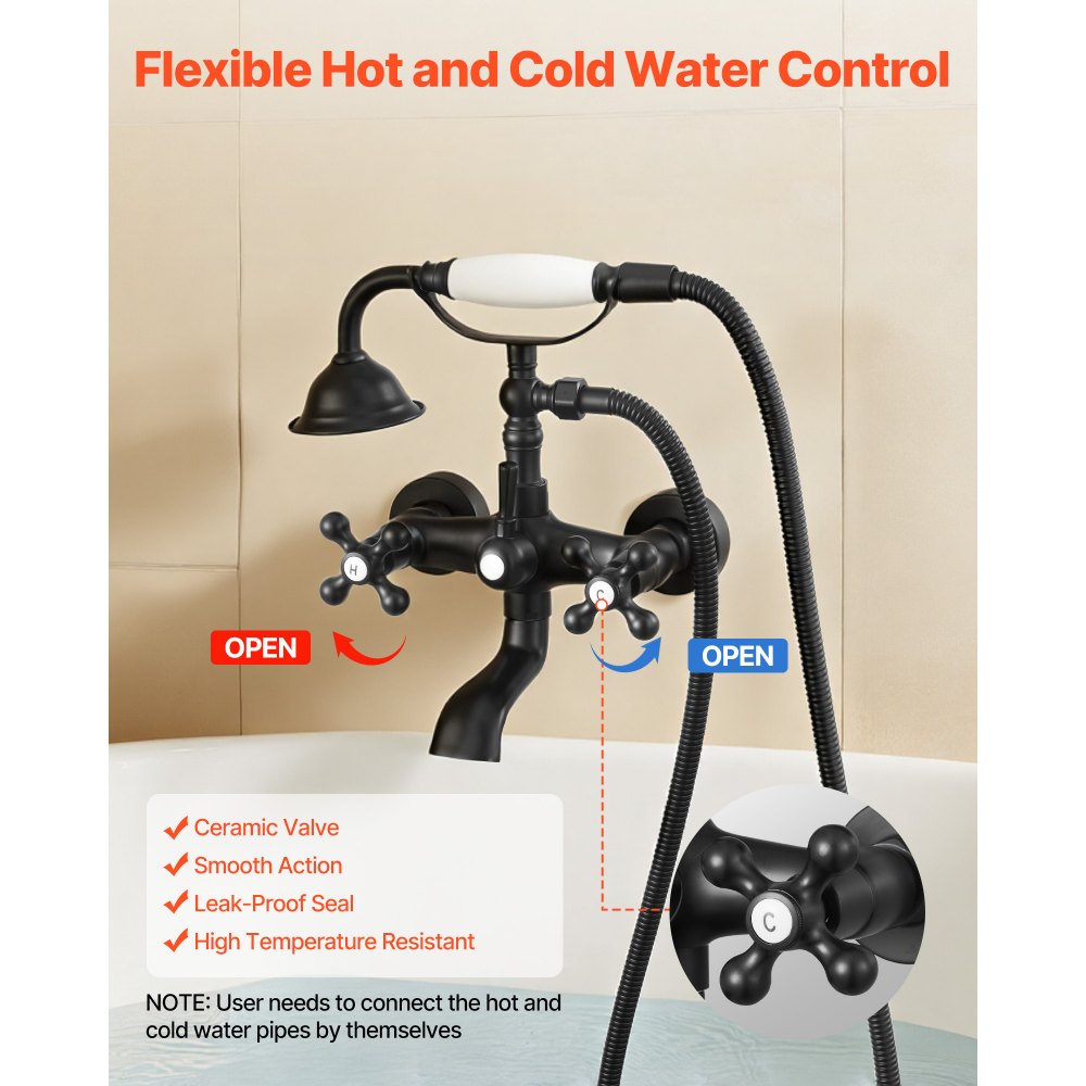 VEVOR Clawfoot Tub Faucet, Wall Mount Bathtub Faucets with Handheld Shower, Vintage Matte Black Clawfoot Tub Filler Faucet Shower Kit with Adjustable Swing Arms & 360° Rotation Spout for Bathtubs