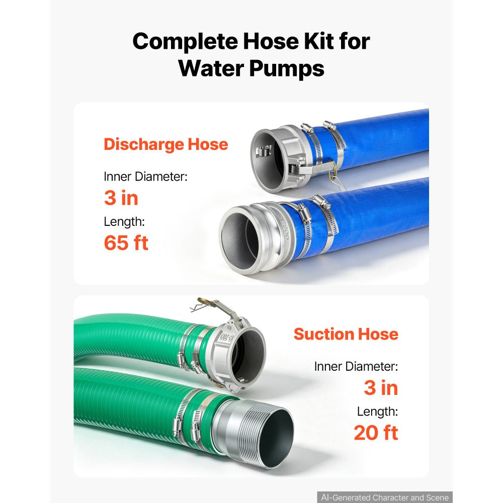 VEVOR 3" Suction Hose Kit 65' Blue PVC Backwash 20' Green Suction Hose, for Swimming Pools Water Pumps, Ready-to-Use Setup, with Round-Hole Strainer, Cam & Groove Adapter, Stainless Steel Clamp