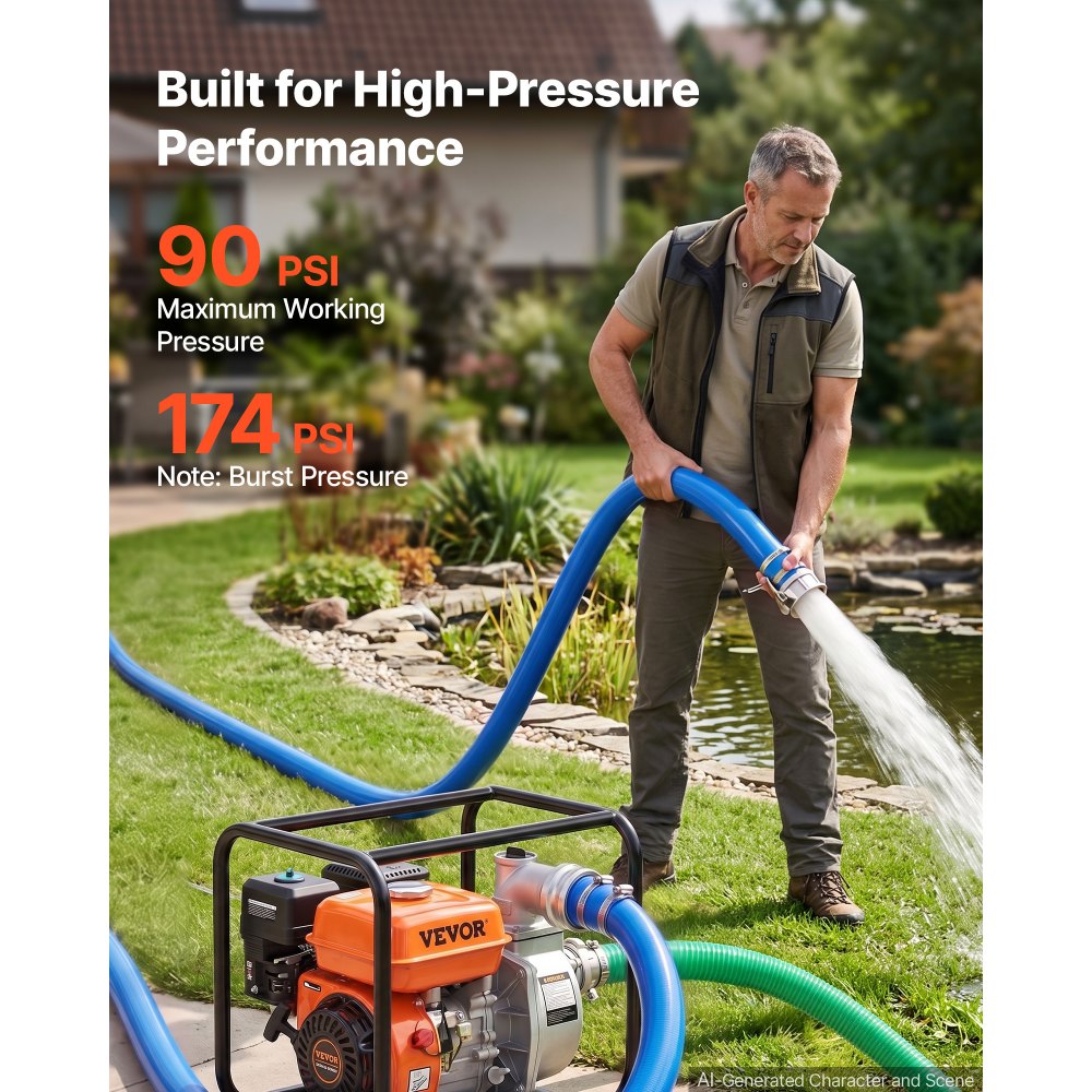 VEVOR 3" Suction Hose Kit 65' Blue PVC Backwash 20' Green Suction Hose, for Swimming Pools Water Pumps, Ready-to-Use Setup, with Round-Hole Strainer, Cam & Groove Adapter, Stainless Steel Clamp