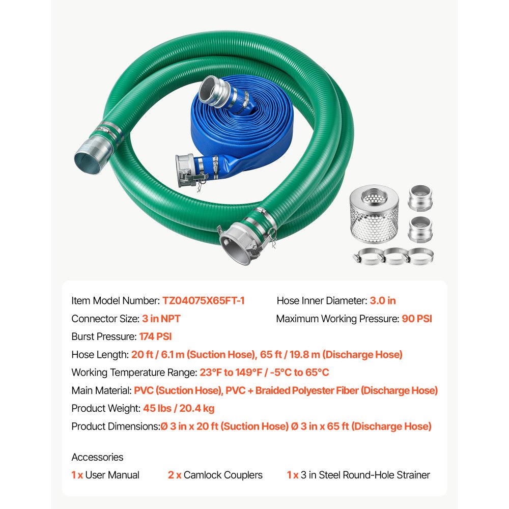 VEVOR 3" Suction Hose Kit 65' Blue PVC Backwash 20' Green Suction Hose, for Swimming Pools Water Pumps, Ready-to-Use Setup, with Round-Hole Strainer, Cam & Groove Adapter, Stainless Steel Clamp