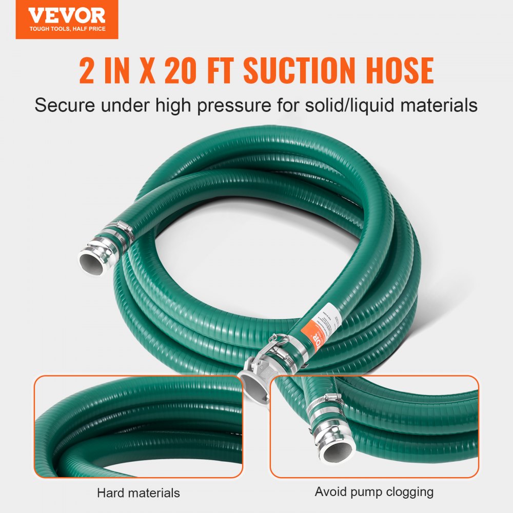 VEVOR Suction Hose, 2 in x 20 ft, Green High Quality Hose, with Camlock Connectors, and Aluminum Fittings, Fit Various Pumps, for Sewage Treatment, Water Transportation and More Agricultural Purposes