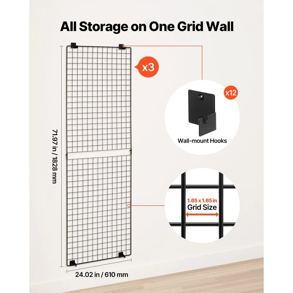 VEVOR 3 Packs Grid Wall Panels, 2 x 6 ft Wire Grid Panels Display Rack, Wall-Mounted Art Display Shelf, Black Carbon Steel Wall Hanging Gridwall for Craft Show, Decoration, Storage, Notice Board