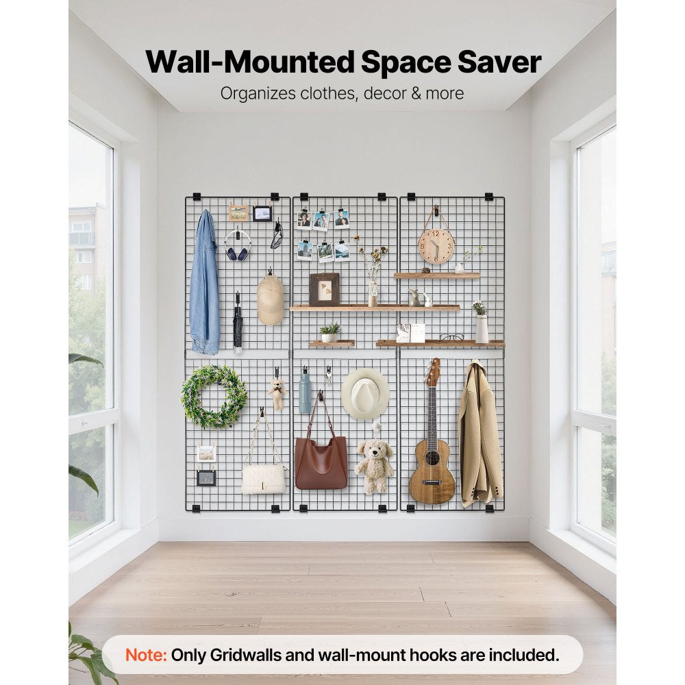 VEVOR 3 Packs Grid Wall Panels, 2 x 6 ft Wire Grid Panels Display Rack, Wall-Mounted Art Display Shelf, Black Carbon Steel Wall Hanging Gridwall for Craft Show, Decoration, Storage, Notice Board