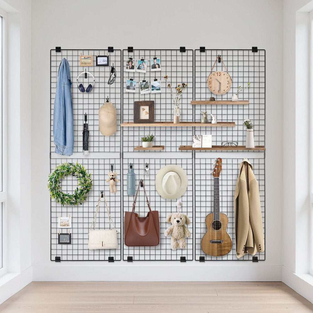 VEVOR 3 Packs Grid Wall Panels, 2 x 6 ft Wire Grid Panels Display Rack, Wall-Mounted Art Display Shelf, Black Carbon Steel Wall Hanging Gridwall for Craft Show, Decoration, Storage, Notice Board