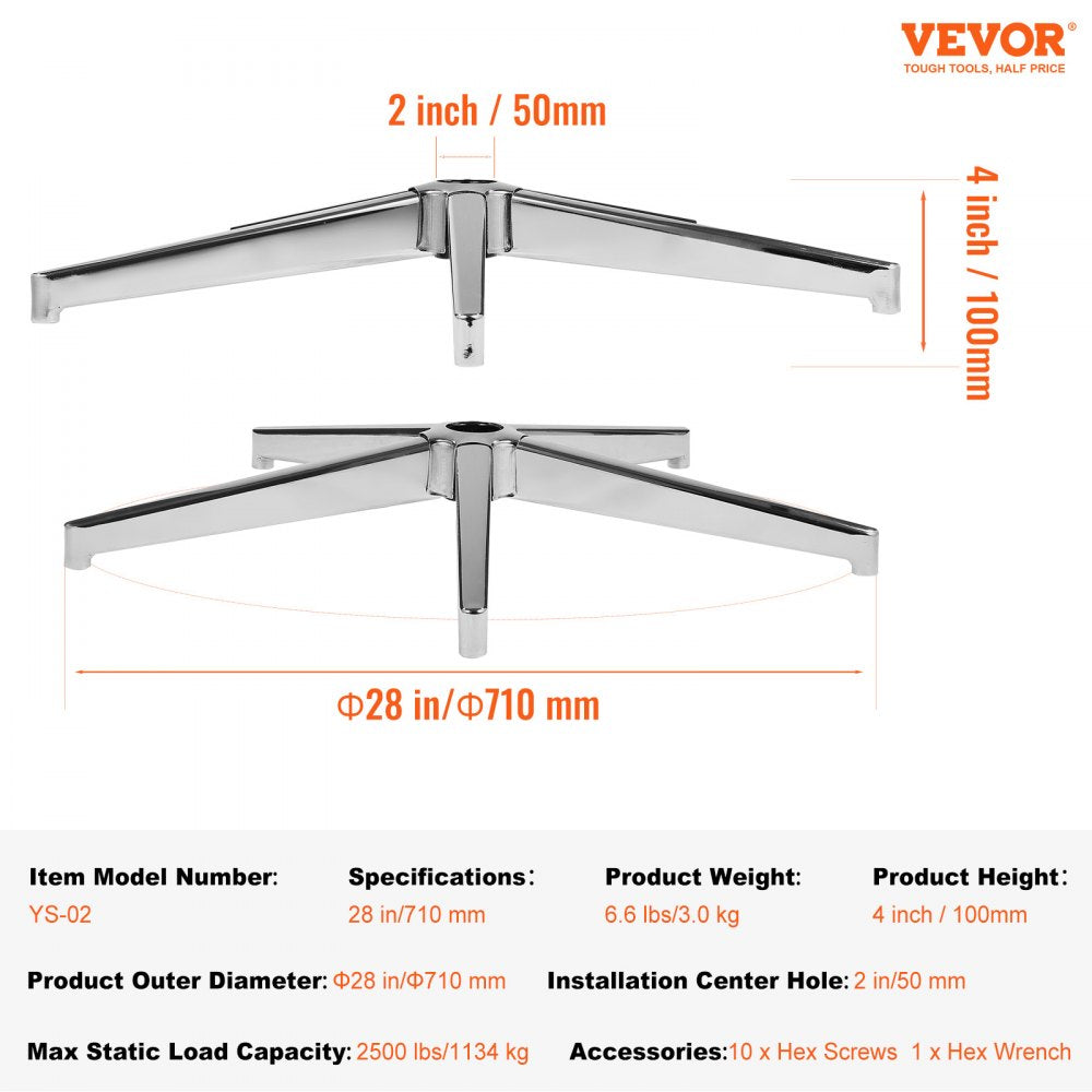 VEVOR Office Chair Base Replacement, 28", 2500 lbs Static Load Capacity, Heavy Duty Universal Computer Desk Chair Stool Base Part with Reinforced Metal Legs, Desk Chair Base Replacement Parts, Silver