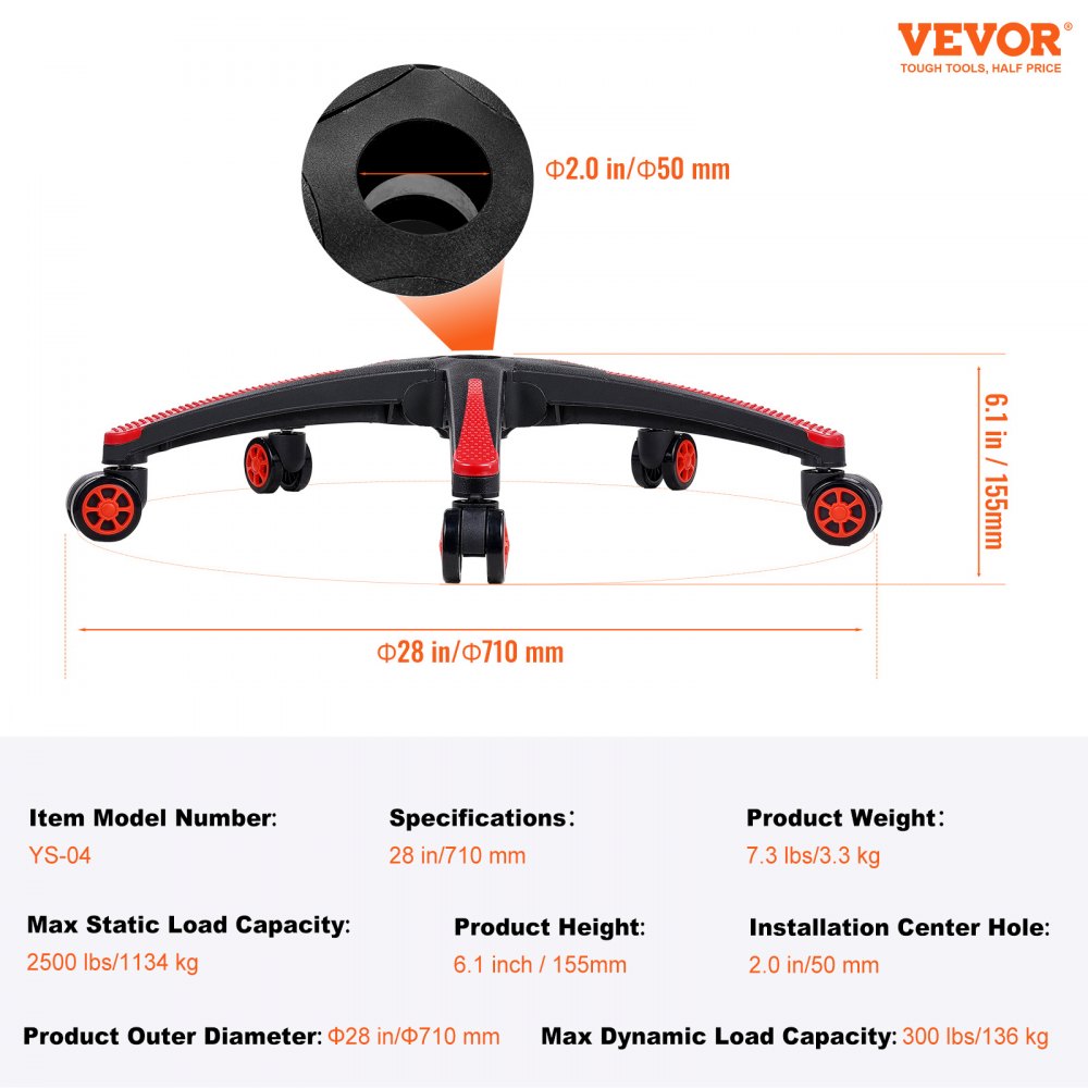 VEVOR Office Chair Base Replacement, 28", 2500 lbs Static Load, Heavy Duty Universal Computer Desk Chair Stool Base Part with 5 Casters and Reinforced Legs, Desk Chair Base Replacement, Black + Red