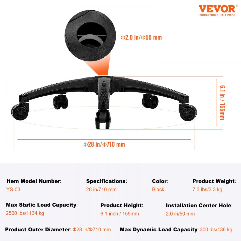 VEVOR Office Chair Base Replacement, 28", 2500 lbs Static Load Capacity, Heavy Duty Universal Computer Desk Chair Stool Base Part with 5 Casters and Reinforced Legs, Desk Chair Base Replacement, Black