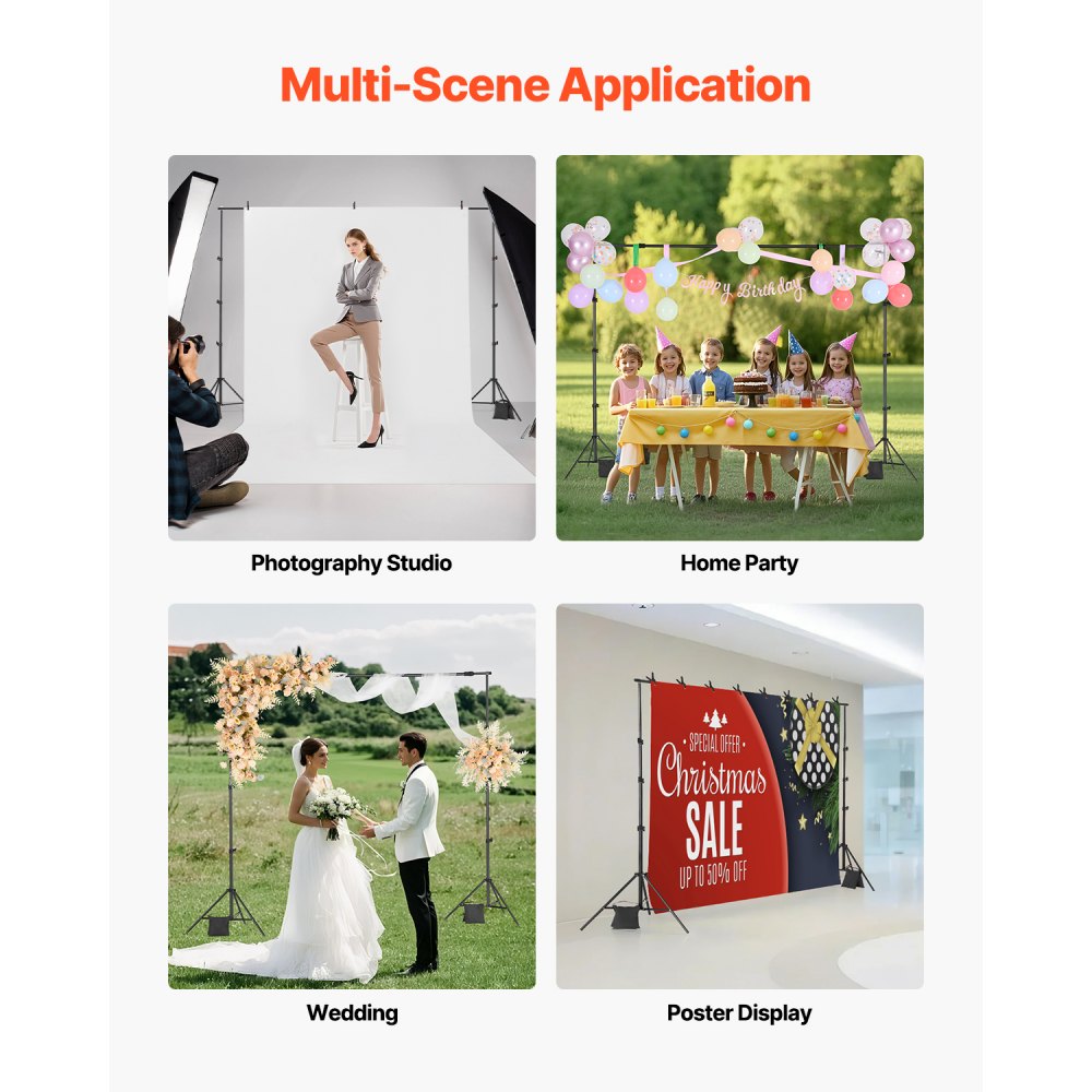 VEVOR Backdrop Stand, 7 x 10 ft Adjustable Photo Backdrop Stand Kit, Portable Background Backdrop Stand with 3 Crossbars, Heavy Duty Projector Screen Stand, for Wedding, Photo Video Studio & Party